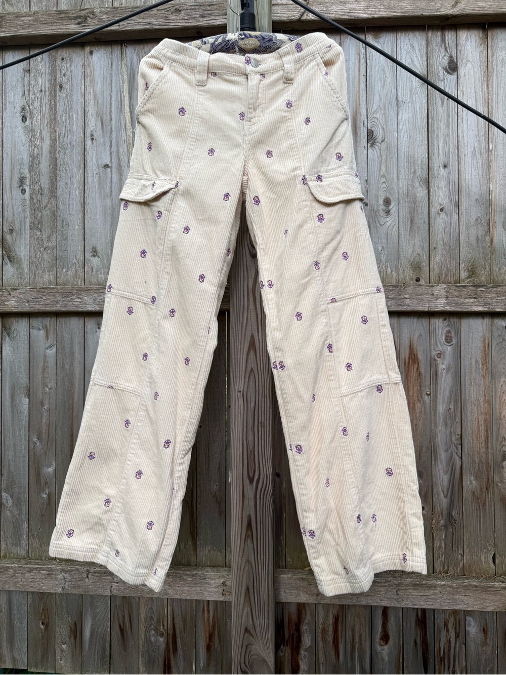 PacSun Cotton Corduroy Cargo Pants Cream Floral Embroidery Skatergirl Y2K Long